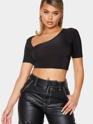 Black Slinky Asymmetric Short Sleeve Crop Top