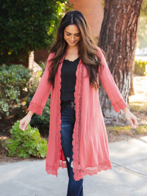 3/4 Sleeve Lace Trim Cardigan - Coral