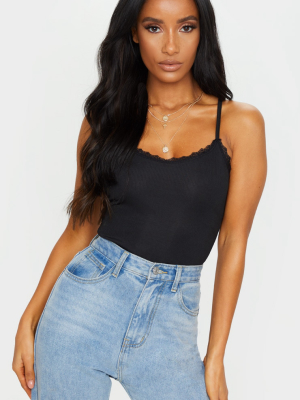 Black Rib Lace Trim Sleeveless Bodysuit