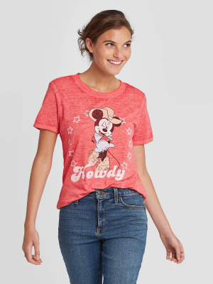 Women's Disney Short Sleeve Round Neck Minnie Howdy Graphic T-shirt - Heather Red