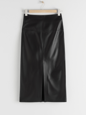 Front Slit Leather Midi Skirt