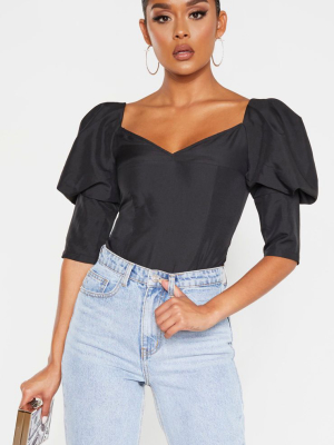 Black Woven Puff Sleeve Bodysuit