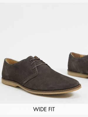 Asos Design Wide Fit Derby Shoes In Gray Suede With Piped Edging