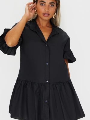 Petite Black Drop Hem Short Sleeve Shirt Dress