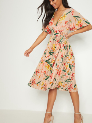 Pink Floral Pleated Midi Dress