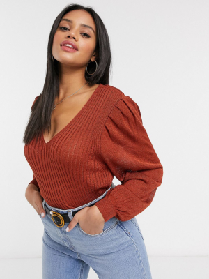 Asos Design V-neck Sweater With Volume Sleeve In Rust