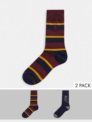 Polo Ralph Lauren 2 Pack Camo Collegiate Bear And Stripe Socks In Navy