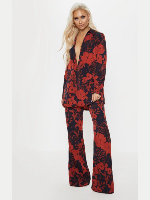 Red Floral Print Wide Leg Pants