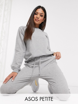 Asos Design Petite Tracksuit Sweat / Basic Jogger With Tie With Contrast Binding In Gray Marl