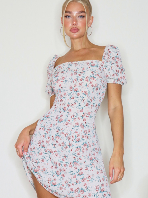 Nude Floral Print Puff Sleeve Shift Dress