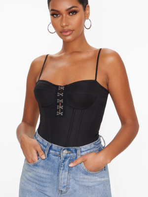 Black Woven Hook And Eye Structured Corset Long...