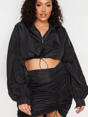 Plus Black Ruched Toggle Longsleeve Cropped Jacket