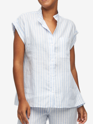 Cuffed Sleeve Shirt Pale Blue Linen Stripe