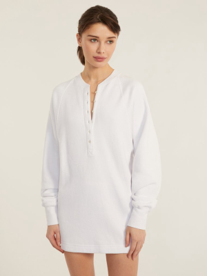 So Uptight French Terry Plunge Henley Sweatshirt Dress In White