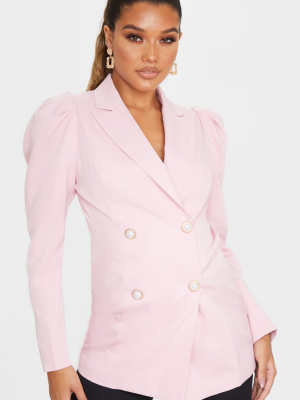 Pink Puff Sleeve Pearl Button Fitted Blazer