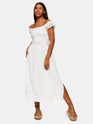 White Broderie Shirred Midi Dress