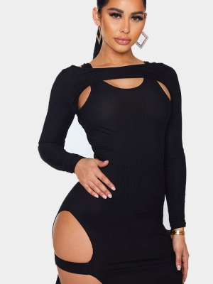 Shape Black Rib Cut Out Long Sleeve Bodycon Dress