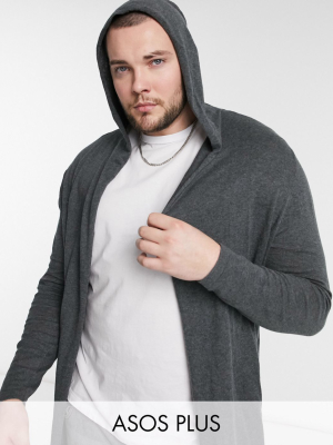 Asos Design Plus Hooded Open Front Cardigan With Curved Hem In Charcoal