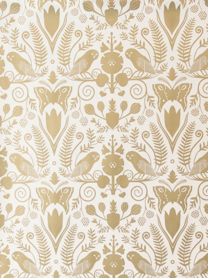 Barn Owls And Hollyhocks Wallpaper In Gold On Cream By Carson Ellis For Thatcher Studio