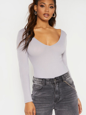 Tall Grey Ribbed Plunge Long Sleeve Bodysuit