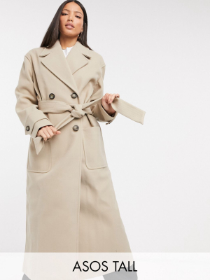 Asos Design Tall Belted Luxe Maxi Coat In Camel