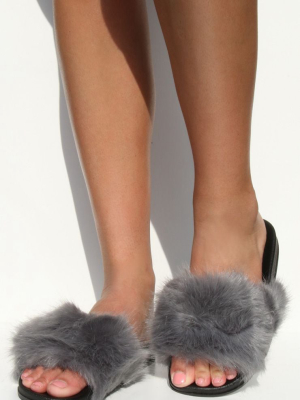 Grey Faux Fur Strap Sliders