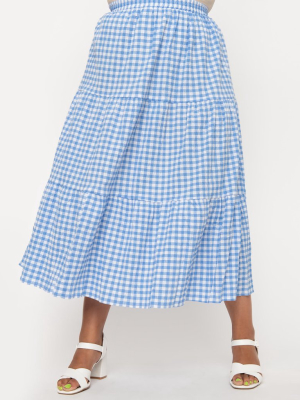 Plus Size Blue & White Gingham Tiered Midi Skirt