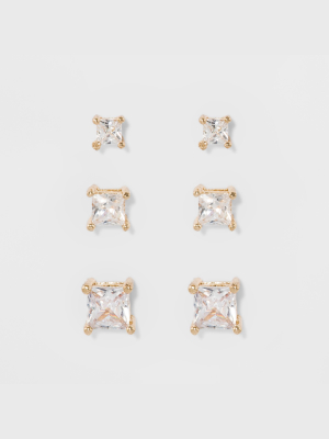 Women's Fashion Trio Crystal Square Stud Earring Set 3pc - A New Day™ Silver/gold