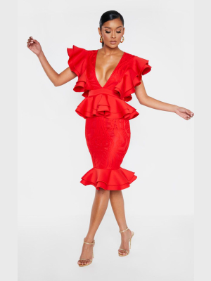 Red Ruffle Detail Plunge Midi Dress