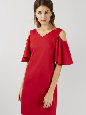 Red Open Shoulder V-neck Sheath Tunic Dress