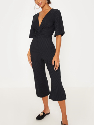 Black Ribbed Twist Detail Culotte Jumpsuit