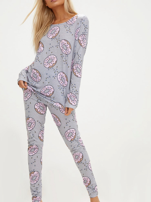 Grey Long Sleeve Doughnut Legging Pj Set