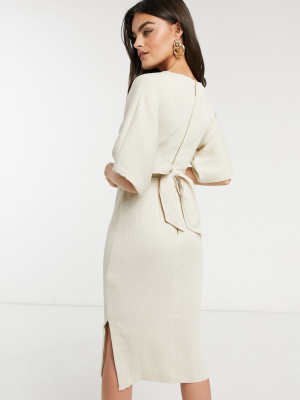 Closet London Ribbed Pencil Dress With Tie Belt In Stone