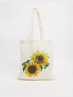 Asos Design Canvas Shopper With Sunflower Print