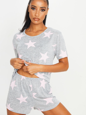 Grey And Pink Star Print Short Pj Set