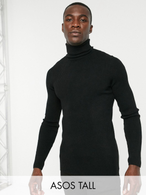 Asos Design Tall Muscle Fit Ribbed Roll Neck Sweater In Black