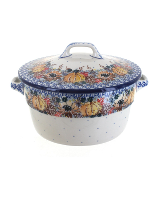 Blue Rose Polish Pottery Harvest Bounty Round Baker With Lid