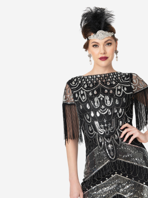 Unique Vintage Black & Silver Sequin Fringe Sleeved Laure Flapper Dress