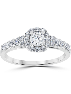 Pompeii3 3/4ct Cushion Halo Round Diamond Engagement Ring 14k White Gold