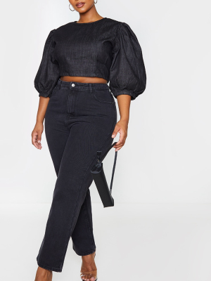 Plus Black Denim Puff Sleeve Seam Detail Crop Top