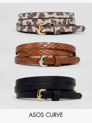 Asos Design Curve 3 Pack Waist And Hip Jeans Belts In Snake & Leopard
