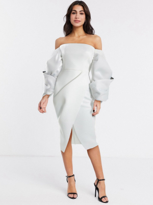 Asos Design Premium Twist Bubble Contrast Sleeve Wrap Pencil Midi Dress In Ivory