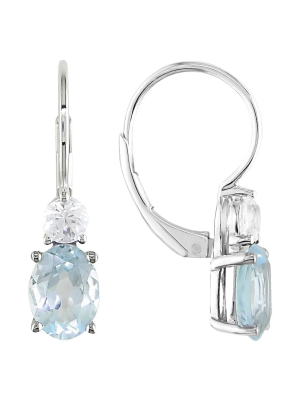 Blue Topaz And Created White Sapphire Leverback Earrings In Sterling Silver - Blue/white