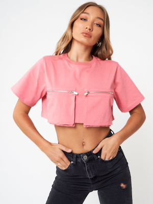 Zip Pocket Cropped Oversized T-shirt - Pink