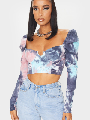 Purple Tie Dye Printed Cup Ruched Crop Top