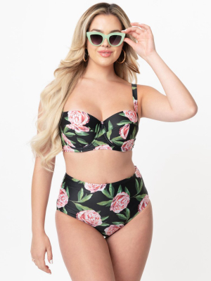 Bettie Page X Playful Promises Black & Pink Roses Claudette Swim Bottom