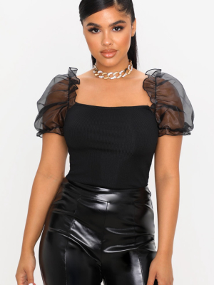 Petite Black Ribbed Organza Sleeve Crop Top