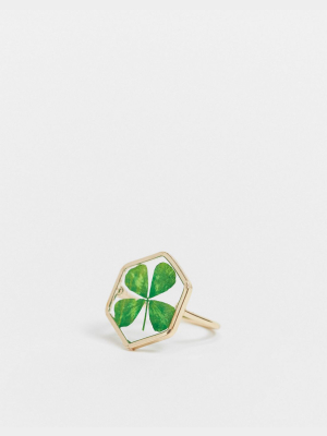 Asos Design Ring With Pressed Four Leaf Clover In Gold Tone