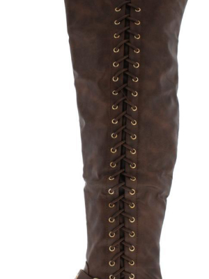 Rachel85 Brown Buckle Strap Side Lace Up Boot