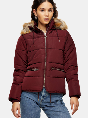 Burgundy Detachable Faux Fur Hooded Padded Puffer Jacket